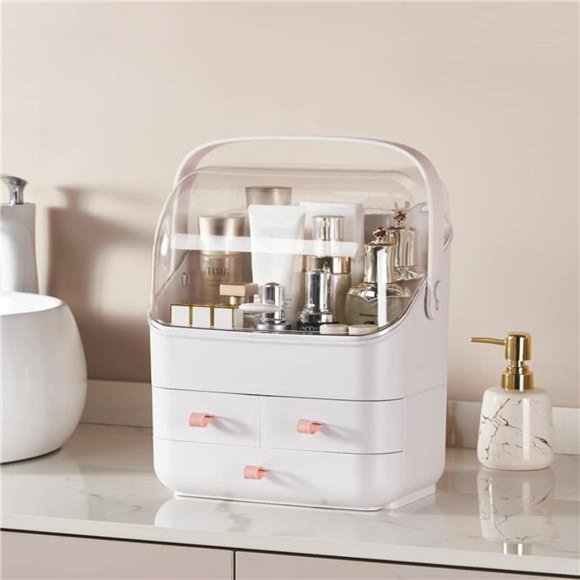 Makeup Organizer Holder Cosmetic StorageBox with Dust Free Cover Portable Handle - Picture 6 of 7